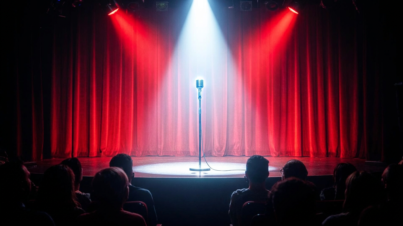 Stage with microphone and red curtain